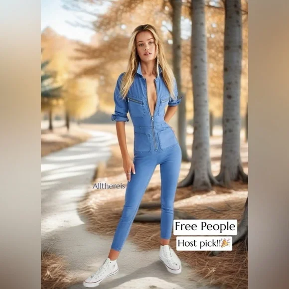 EUC! Free People Lennox Jumpsuit Coverall Stretch Denim V Plunge in Bluebird Med - Picture 3 of 9